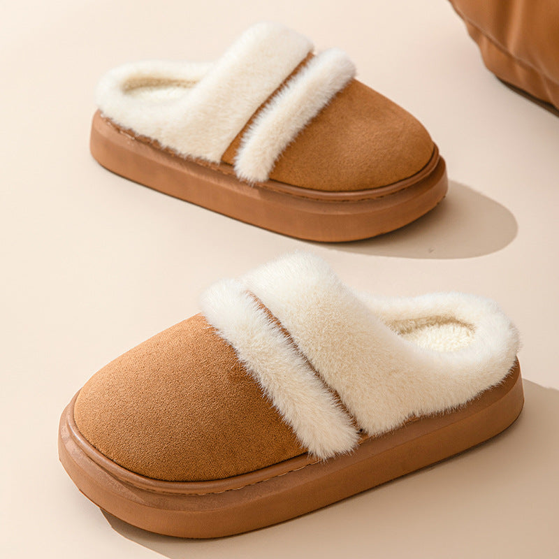 Warm Cotton Slippers For Women Leisure Thick Sole Non-slip Plush House Shoes Winter Bedroom Floor Faux Suede Slipper