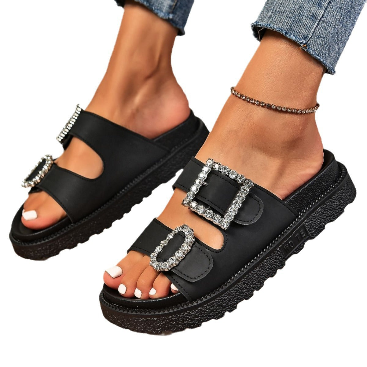 Fashion Faux Rhinestone Double Belt Buckle Platform Slip On Sandals