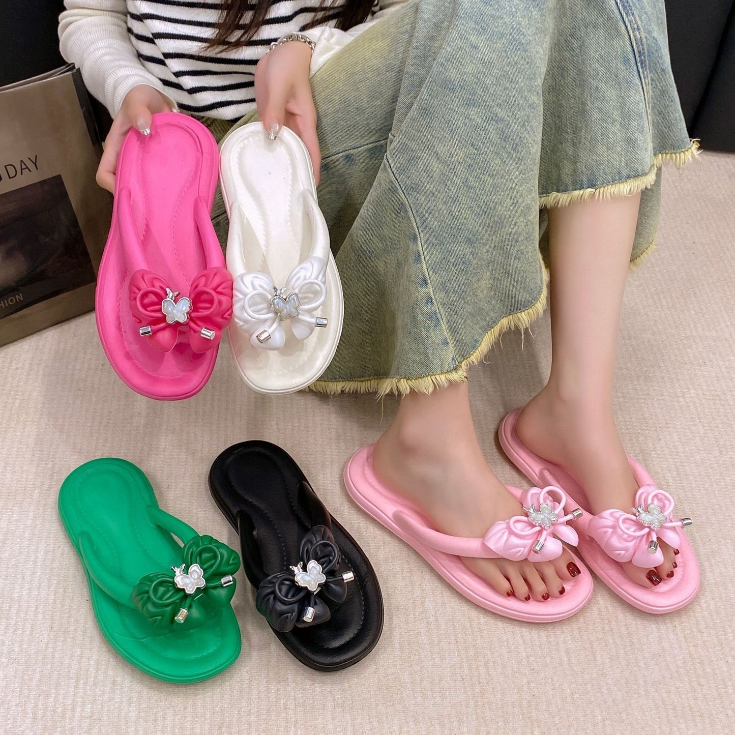 EVA Non-slip Rose Butterfly Designed Women's Outdoor Slippers Flip Flops