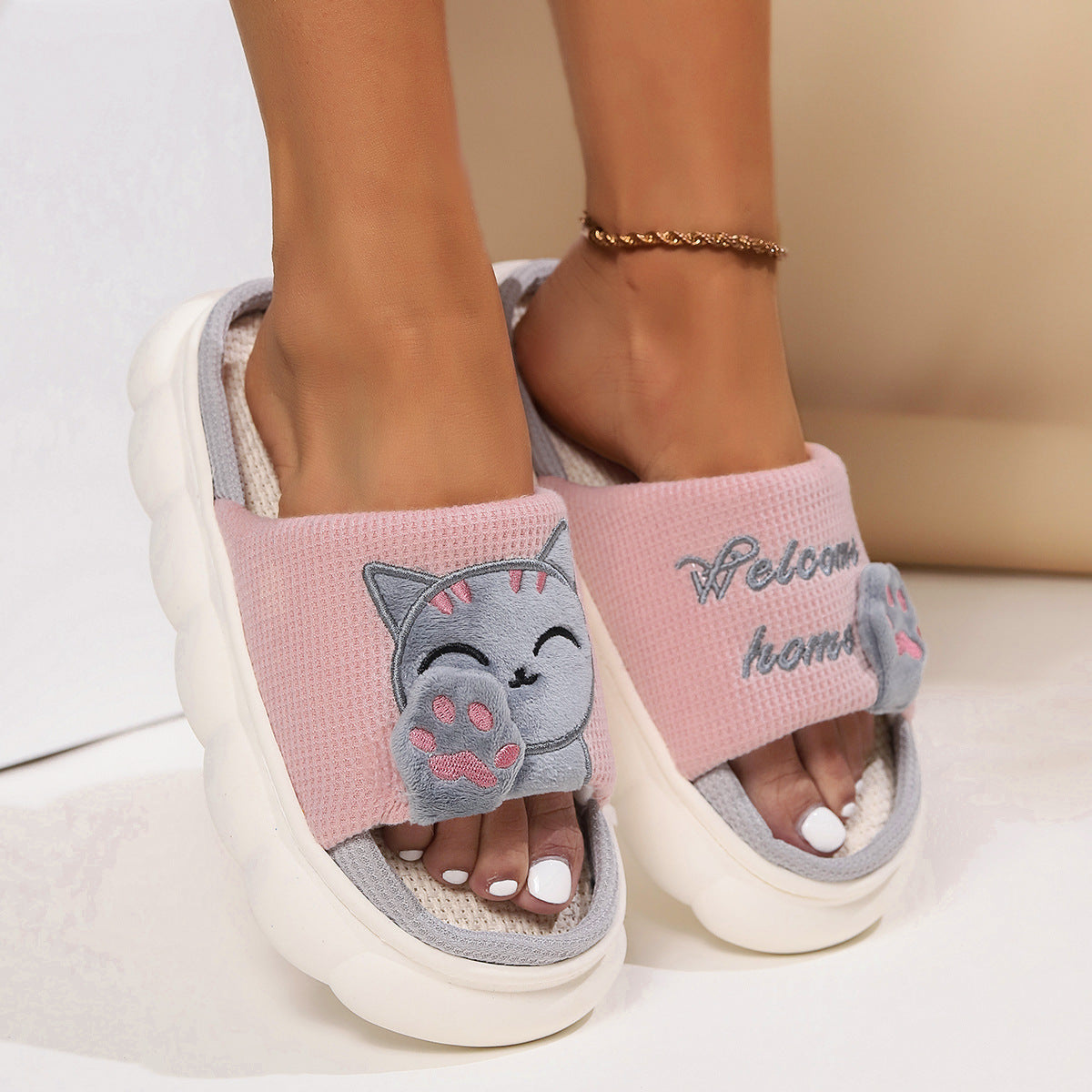 Cute Cartoon Kitten Open Toe Slippers For Women
