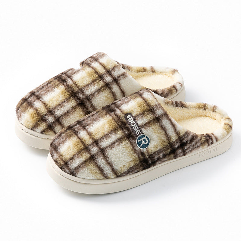 Women's Plush Warm Plaid Flannel Non-slip Cotton House Slide On Slipper Shoes