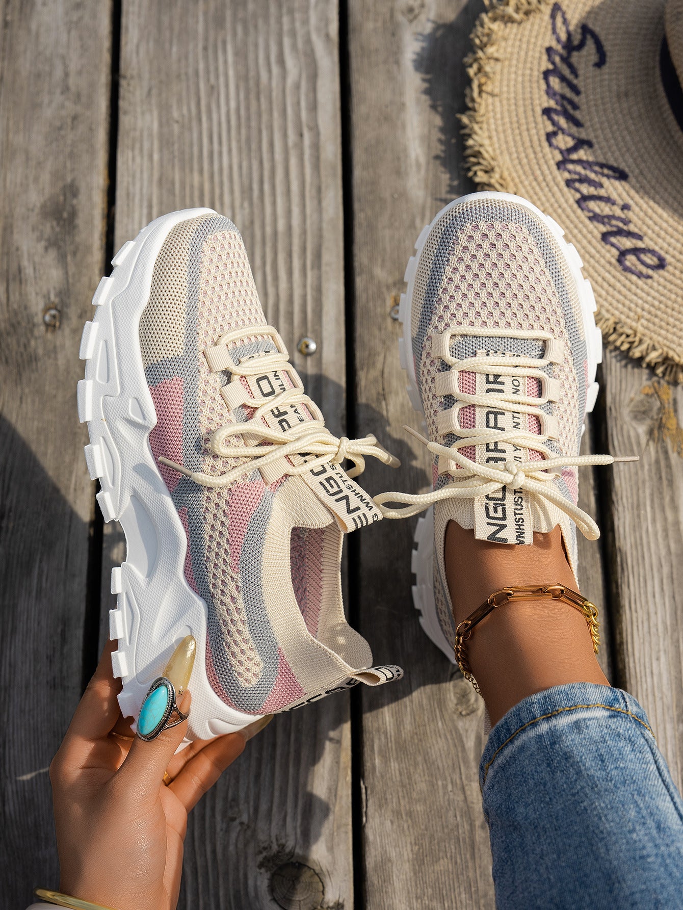 Flyknit Mesh Shoes Women's Breathable Lace-up Thick Chunky Sole Sneakers Walking Running Casual Shoes