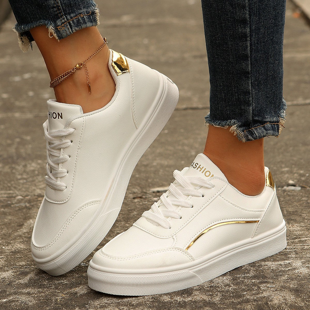 Lace-up White Flats Shoes Fashion Round Toe Slip-on Thick Sole Casual Sneakers For Women