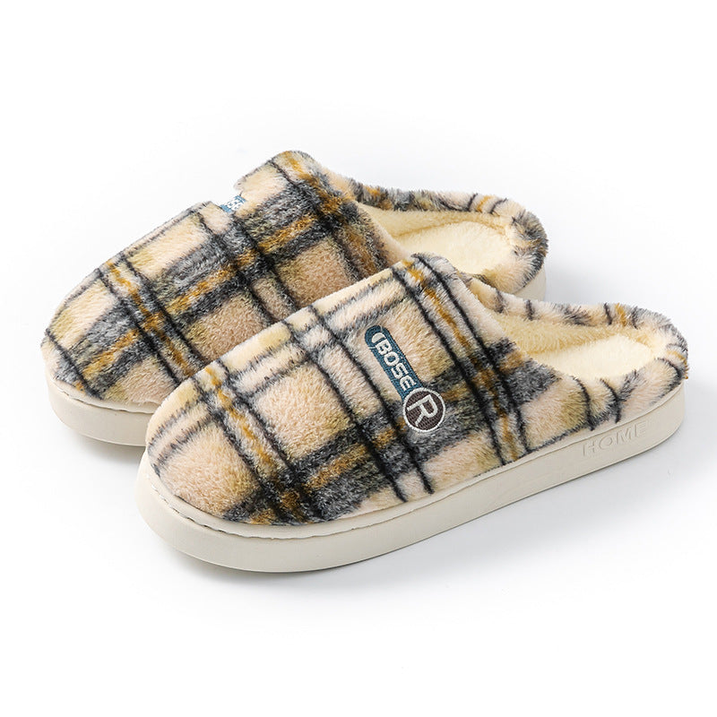 Women's Plush Warm Plaid Flannel Non-slip Cotton House Slide On Slipper Shoes