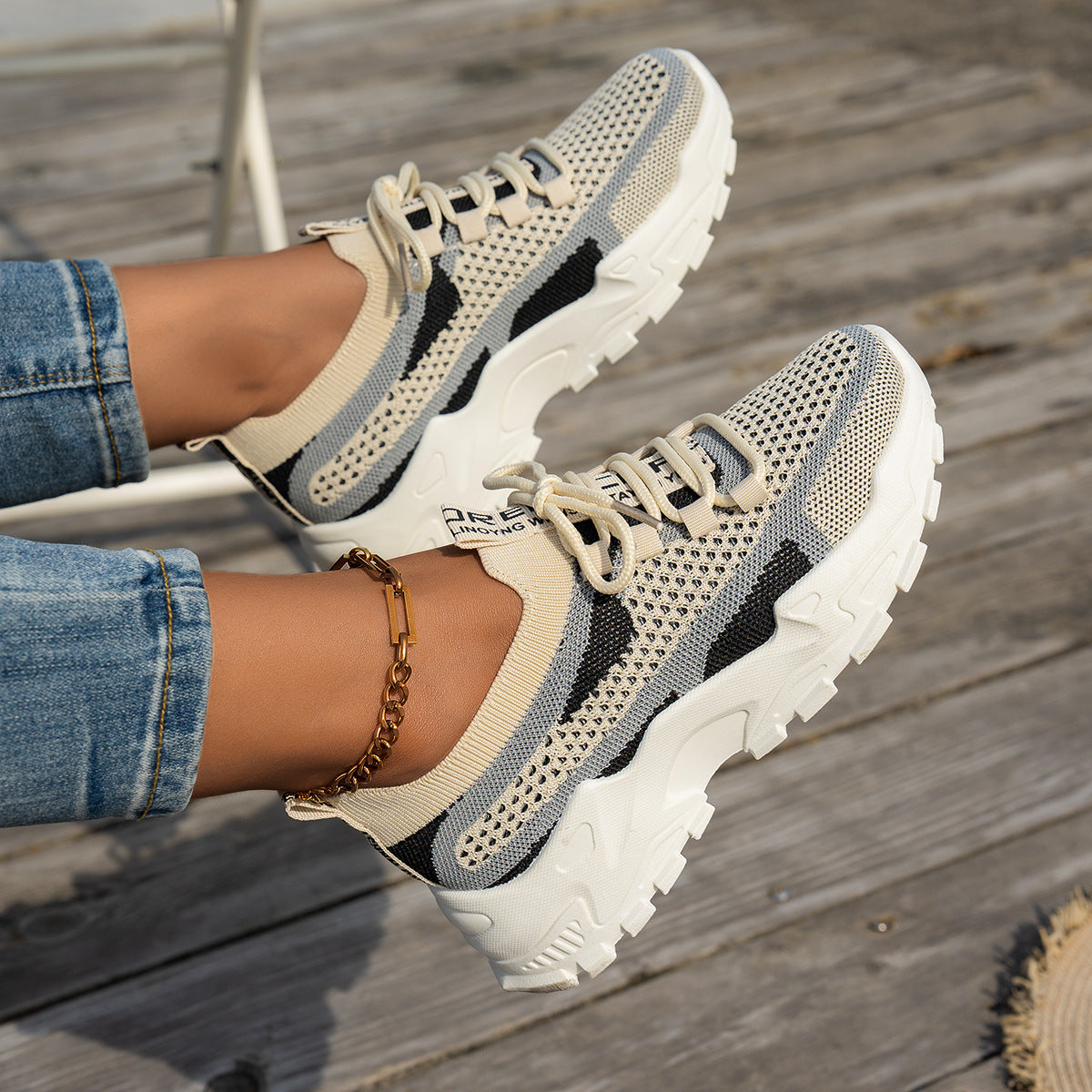 Flyknit Mesh Shoes Women's Breathable Lace-up Thick Chunky Sole Sneakers Walking Running Casual Shoes