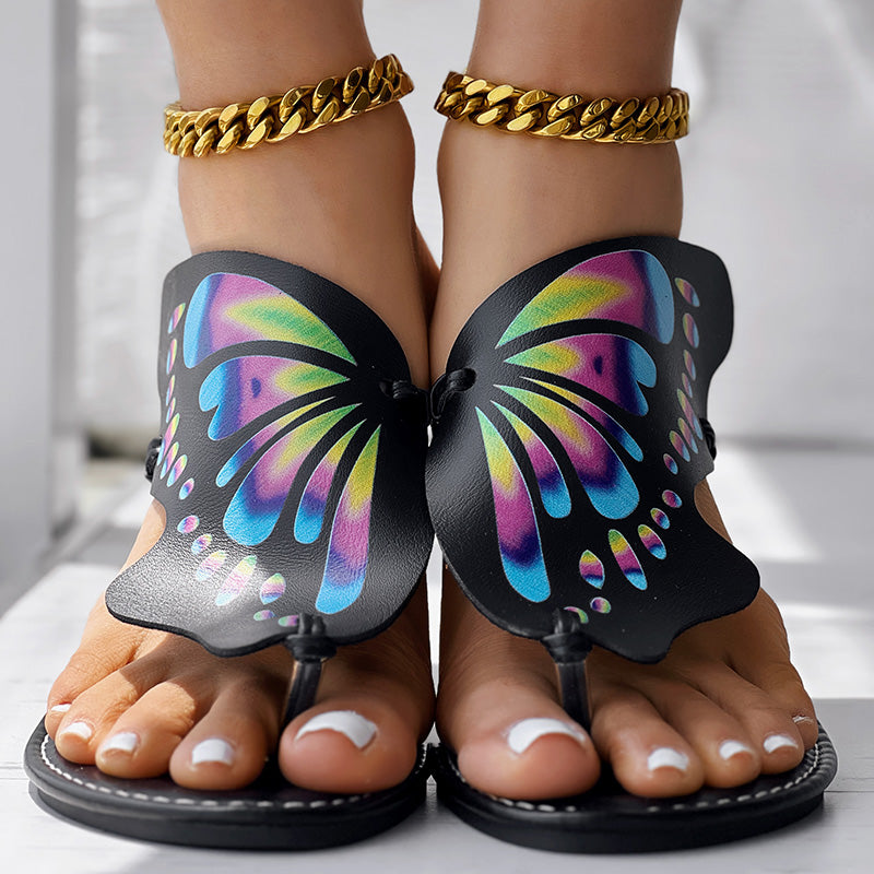 Black Butterfly Print Round Toe Flip Flops, Comfortable Summer Beach Flat Shoes, Casual Women's Sandals, Perfect For Poolside And Daily Wear