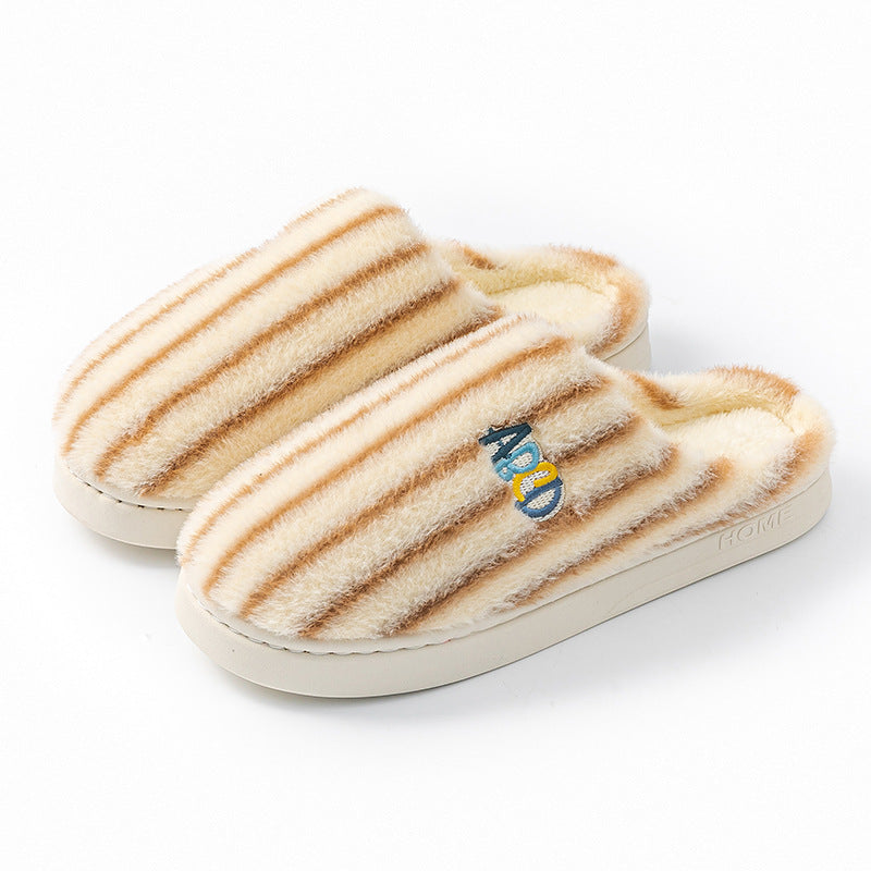 Plush Striped Slippers Winter Warm Letter Embroidered Shoes Slipper For Women Men Closed Toe Flats