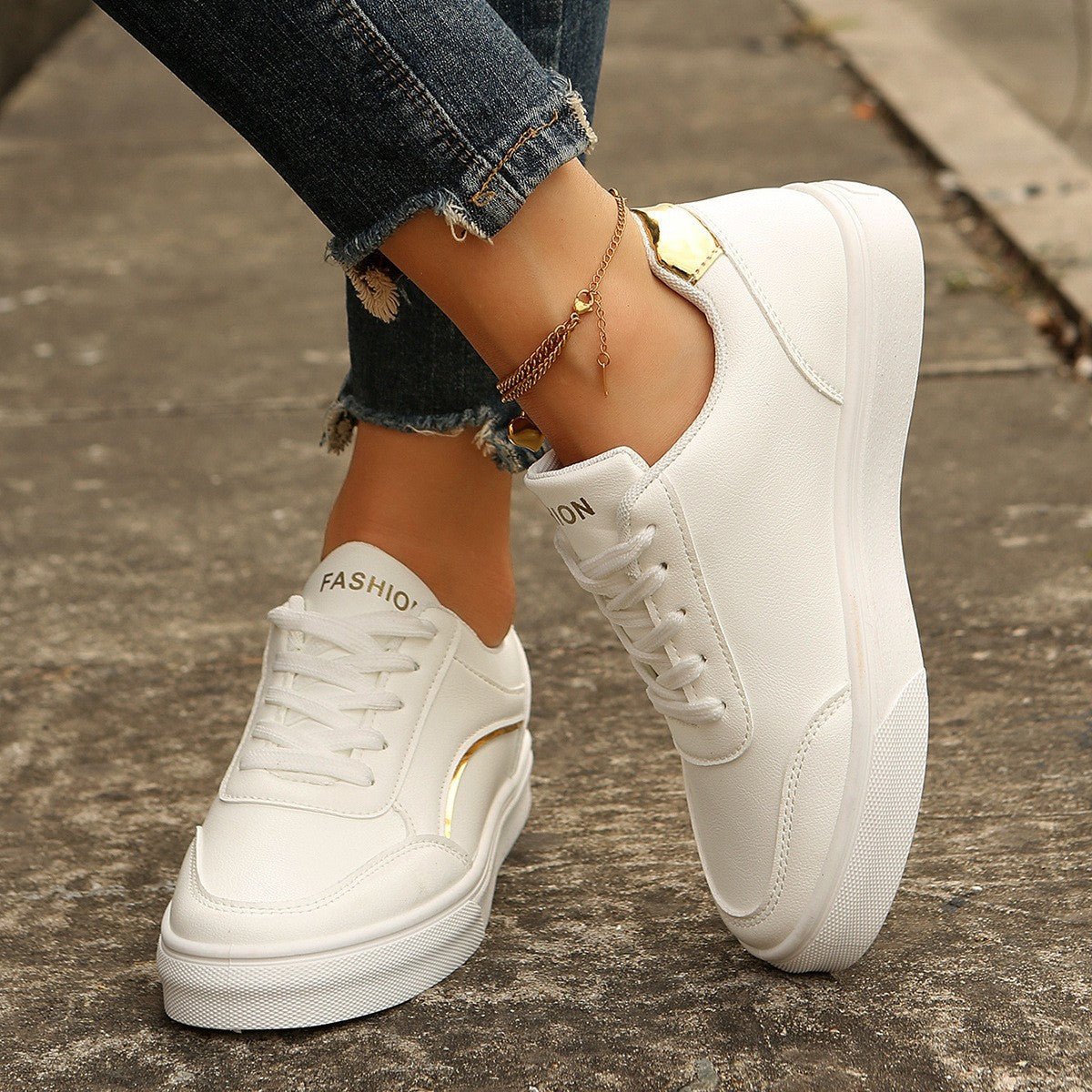 Lace-up White Flats Shoes Fashion Round Toe Slip-on Thick Sole Casual Sneakers For Women