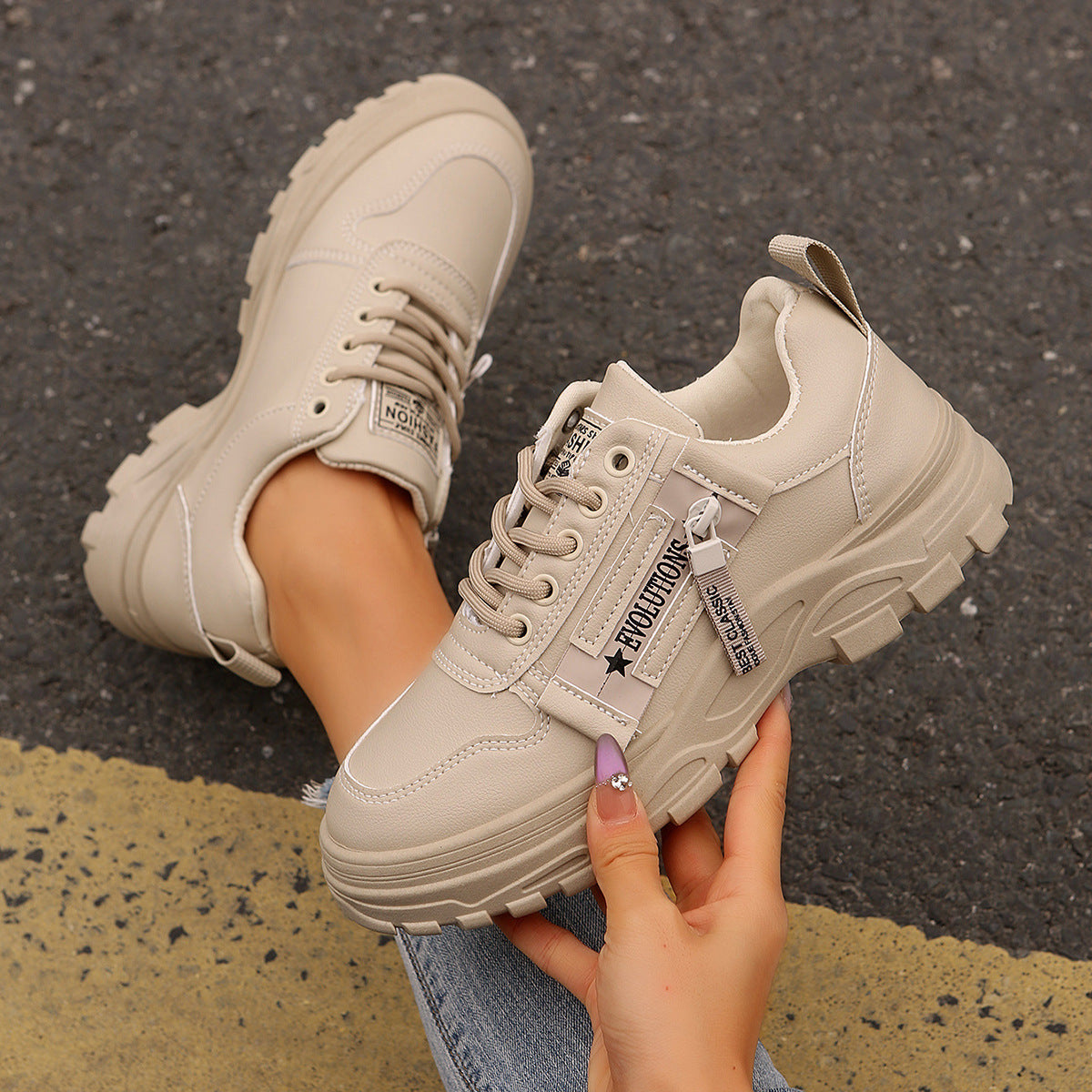 Lace-up Sports Sneakers With Side-Zipper Design Thick-soled Round-toe Casual Shoes For Women Sneakers