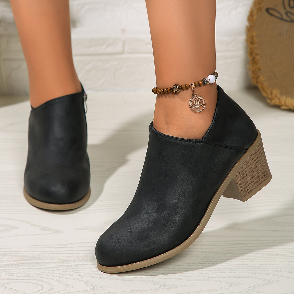 Chunky Heel Ankle Boots With Side Zipper Design Fashion Fall Winter Booties For Women Shoes