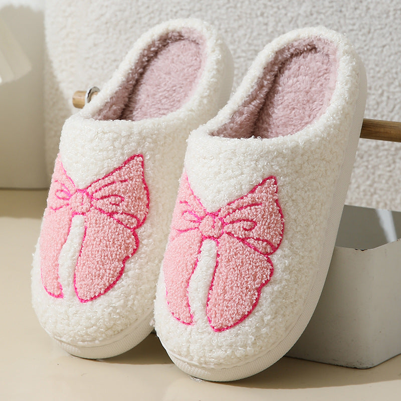 Cute Cartoon Bow Tied Ribbon Cotton Closed Toe Soft Slide On Slippers