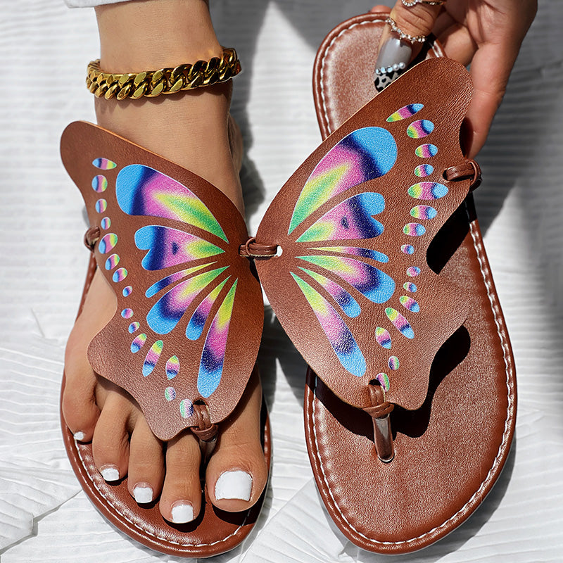 Brown Butterfly Print Round Toe Flip Flops, Comfortable Summer Beach Flat Shoes, Casual Women's Sandals, Perfect For Poolside And Daily Wear