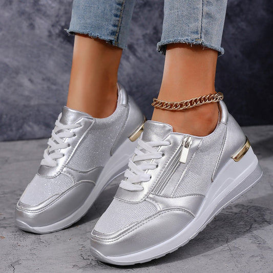 Women's Lace-up Casual Sneakers Side Zipper Design Thick-soled Shoes Walking Running Sports Sneakers
