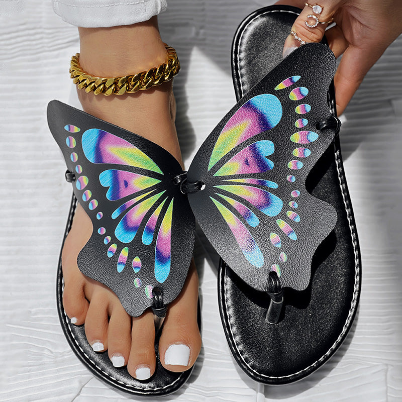 Black Butterfly Print Round Toe Flip Flops, Comfortable Summer Beach Flat Shoes, Casual Women's Sandals, Perfect For Poolside And Daily Wear
