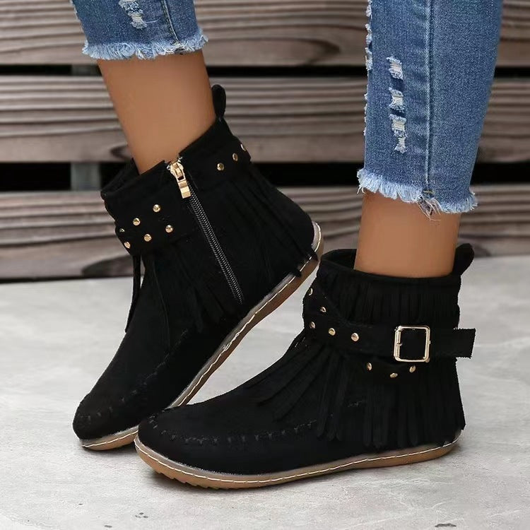 Retro Moccasins Ankle Boots With Rivet Tassel Flat Shoes Women Winter Fall Boots
