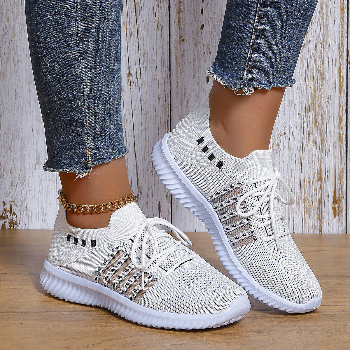 Casual Lace-up Mesh Sneakers Breathable Flying Woven Round Toe Walking Running Sports Sneakers