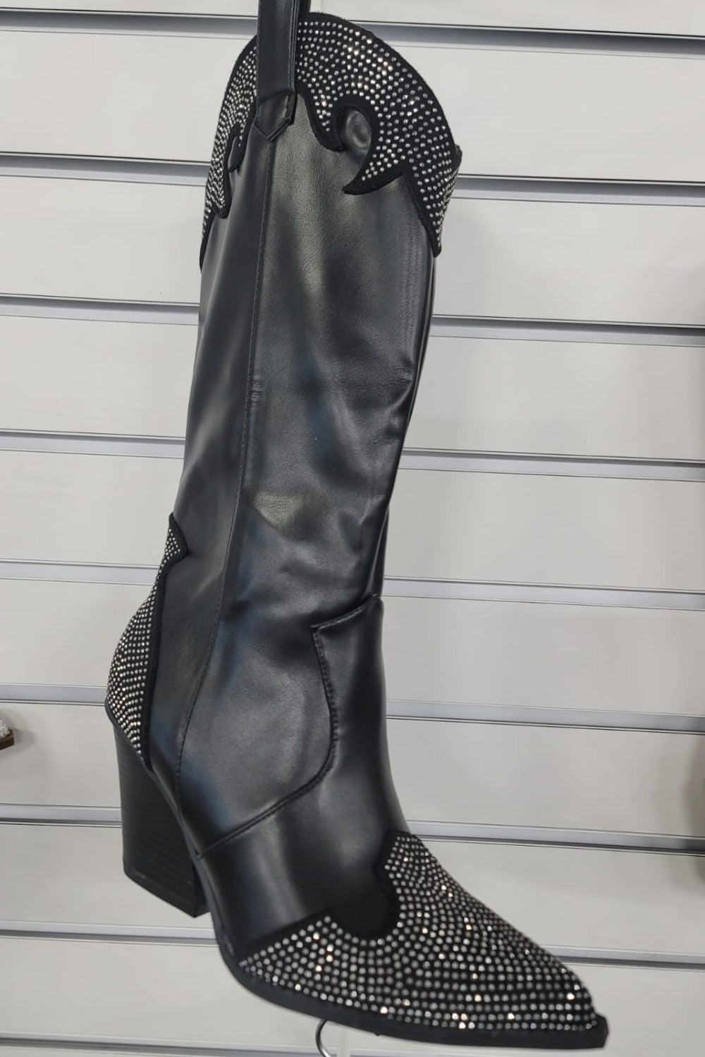 Weeboo Chunky Heel Rhinestone Western Black Midcalf Cowboy Boots