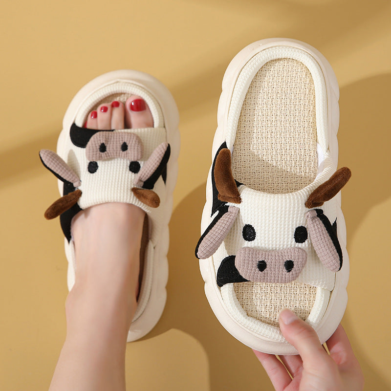 Cute Cartoon Cow or Frog Slippers Linen Non-slip Shoes Indoor Garden Home Slippers