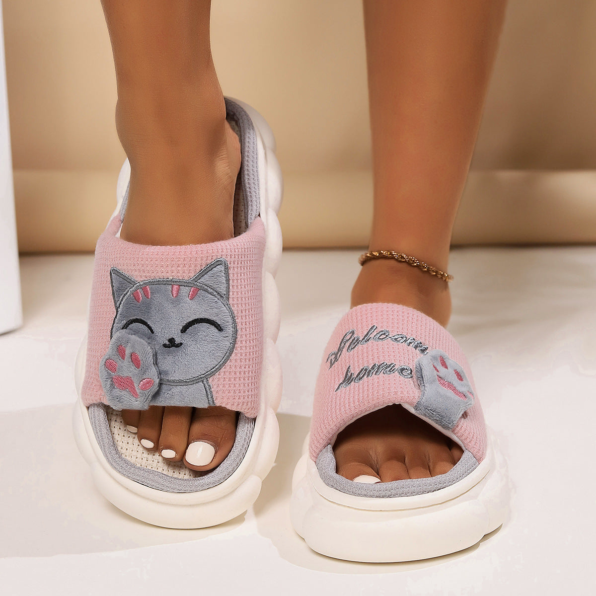 Cute Cartoon Kitten Open Toe Slippers For Women