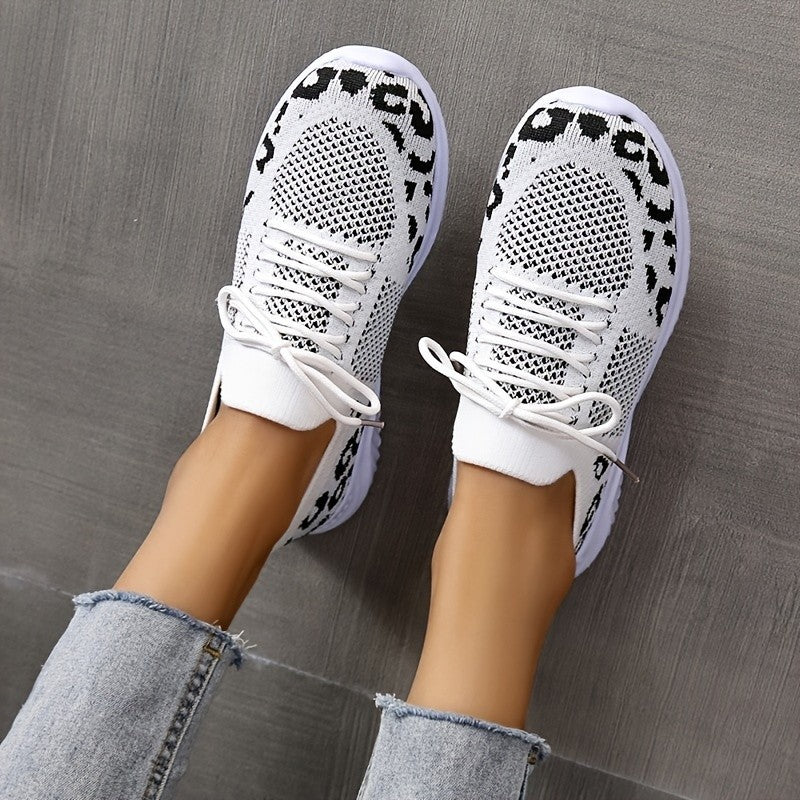 White Shoes Women Leopard Print Lace-up Light-Weight Mesh Sneakers Sports