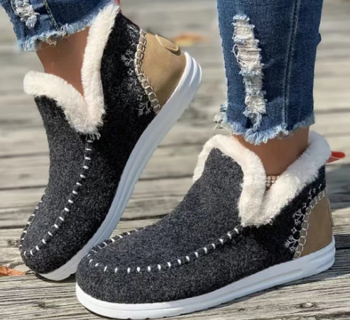 Fleece-lined Thick Plush Boots Warm Sewing Flat Cotton Shoes Winter Ankle Boot Booties
