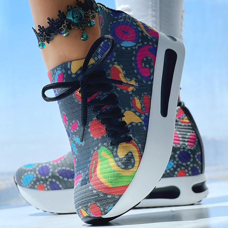 Women's Random Print Side Lace-Up Elastic Sport Thick Chunky Sole Sneakers, Comfortable Slip-On Shoes