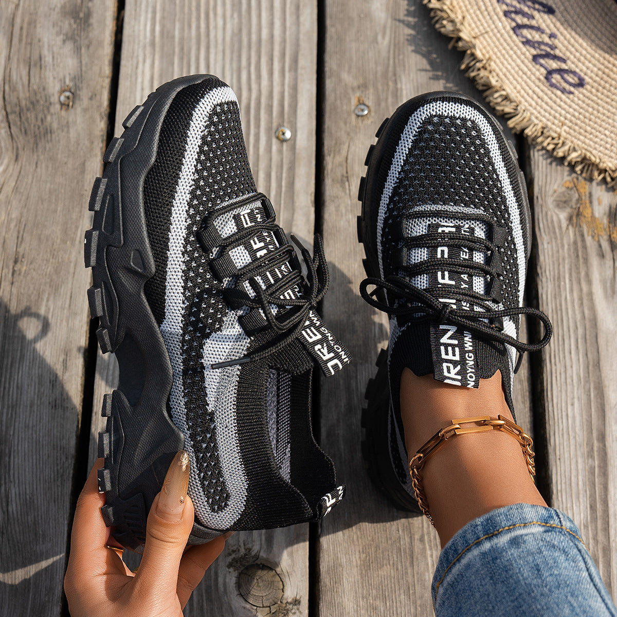 Flyknit Mesh Shoes Women's Breathable Lace-up Thick Chunky Sole Sneakers Walking Running Casual Shoes