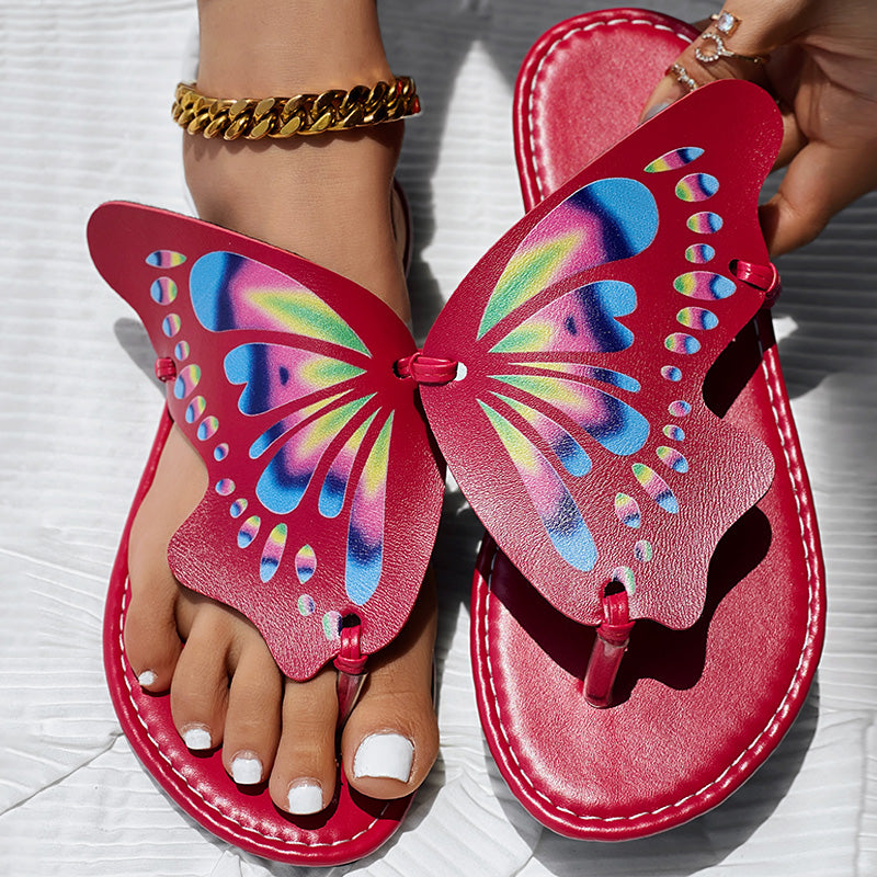 Pink Butterfly Print Round Toe Flip Flops, Comfortable Summer Beach Shoes, Casual Women's Sandals, Perfect For Poolside And Daily Wear