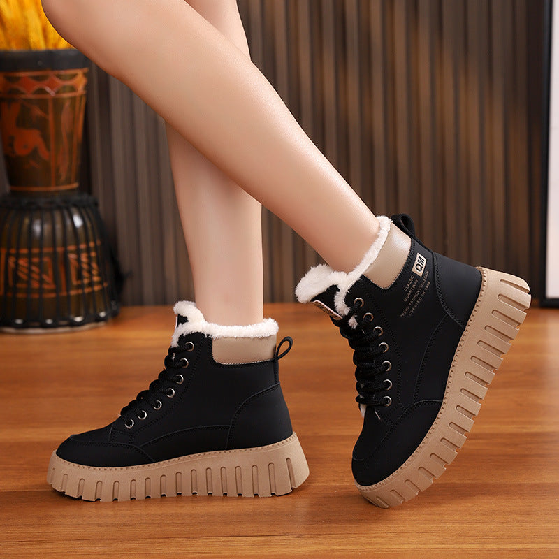 Lace-up Snow Boots Winter Warm Fleece Flat Shoes For Women Fashion Casual Plush Ankle Boot