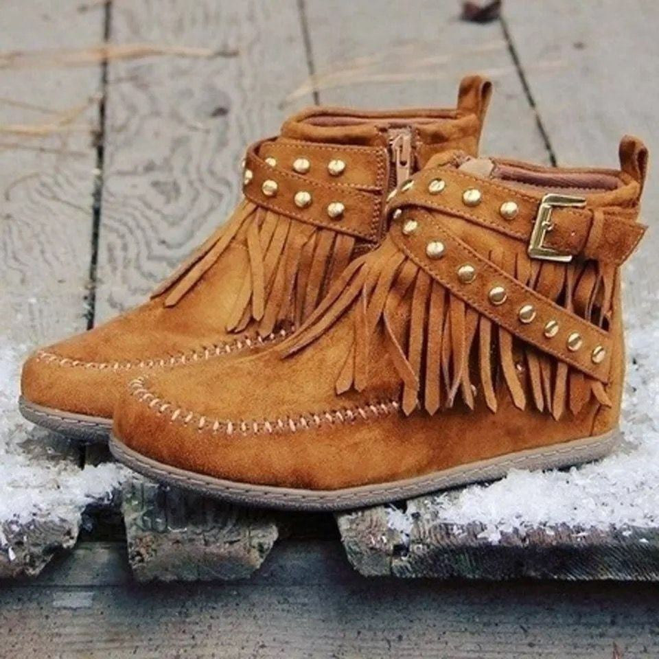 Retro Moccasins Ankle Boots With Rivet Tassel Flat Shoes Women Winter Fall Boots