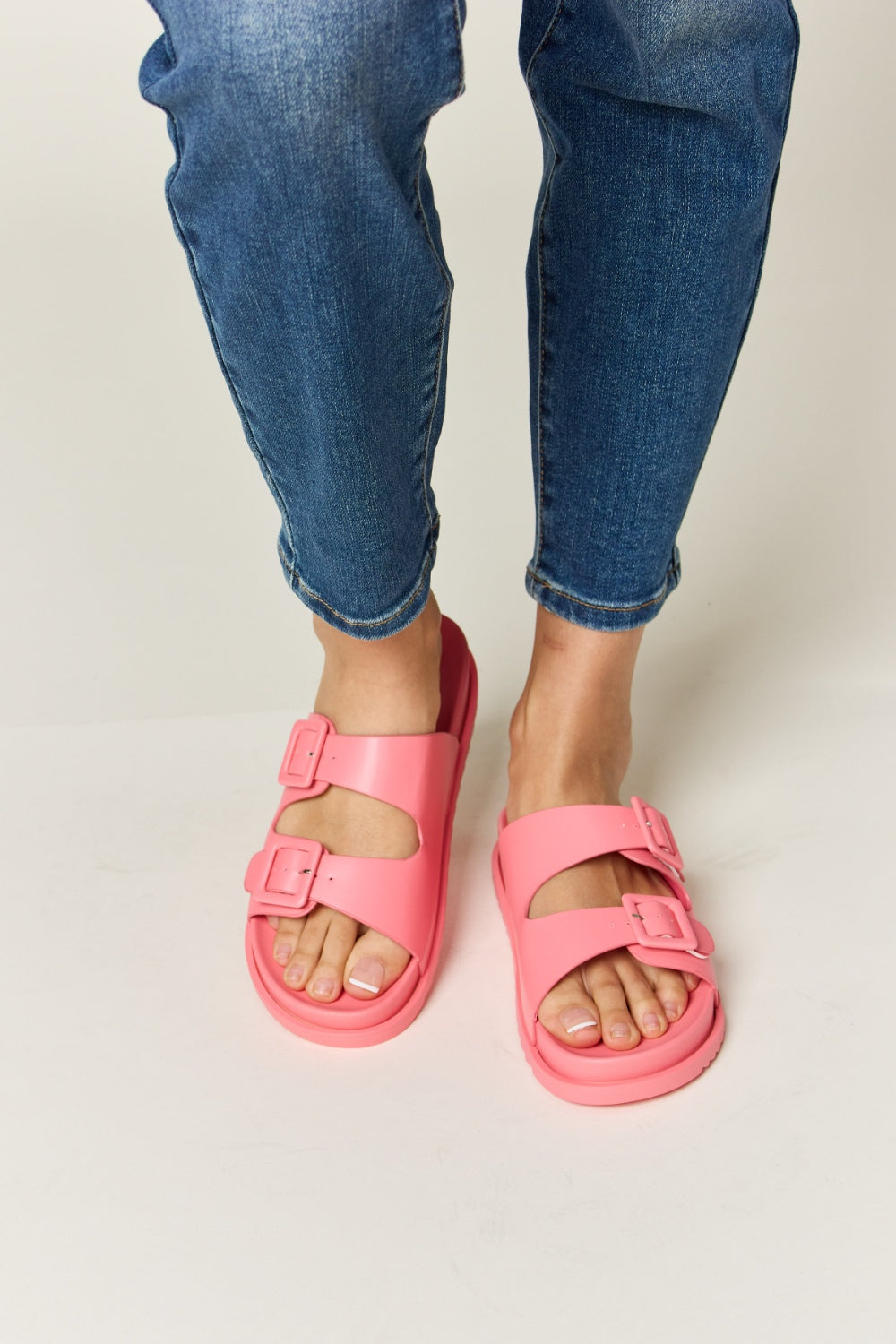 Legend Double Buckle Pink Flat Open Toe Slide On Flat Comfy Sandals