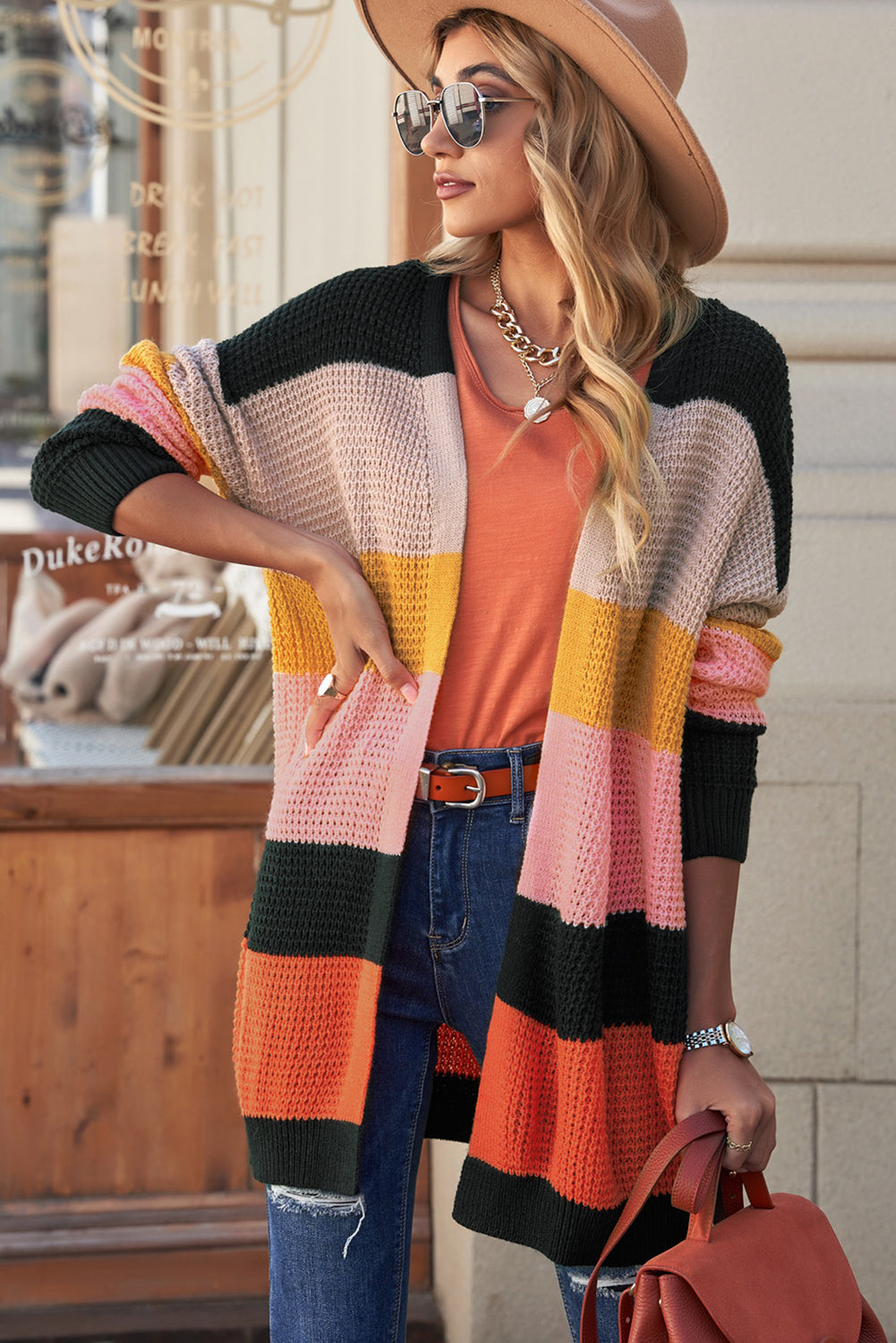 White Label Striped Waffle Knit Open Front Multicolored Lightweight Comfy Cardigan Orange, Black, Yellow, Tan, Pink Multicolor