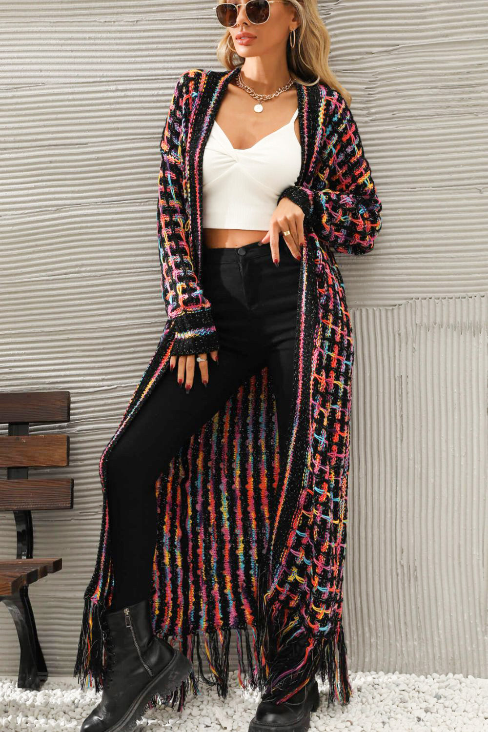 White Label Multicolored Rainbow & Black Open Front Fringe Raw Hem Long Knit Cardigan Jacket