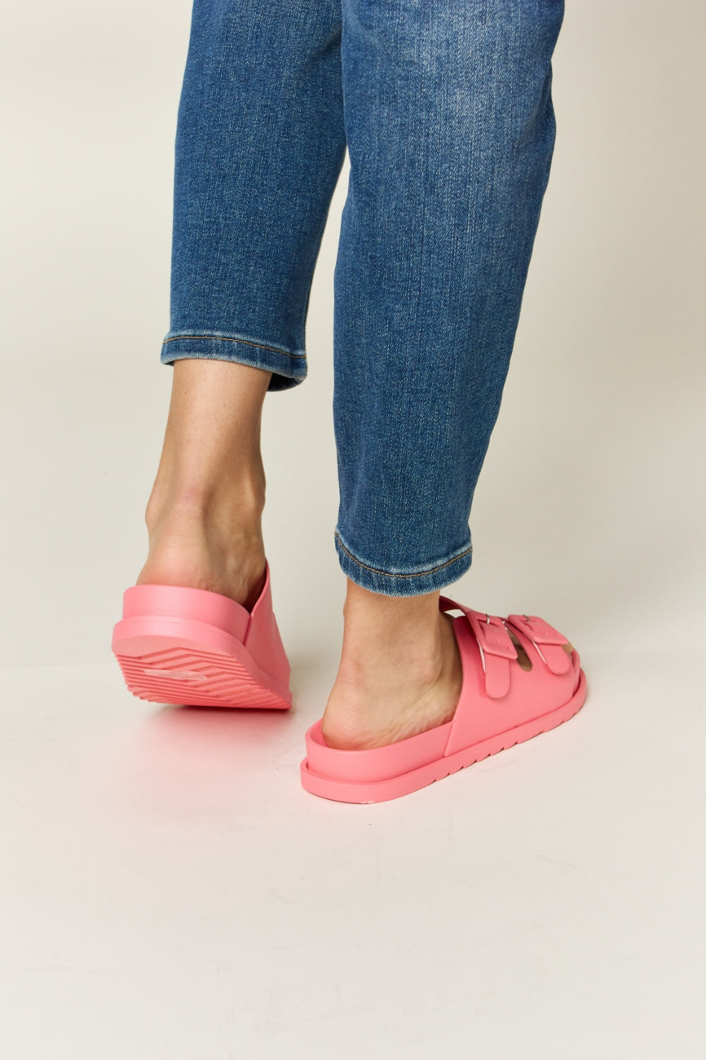Legend Double Buckle Pink Flat Open Toe Slide On Flat Comfy Sandals