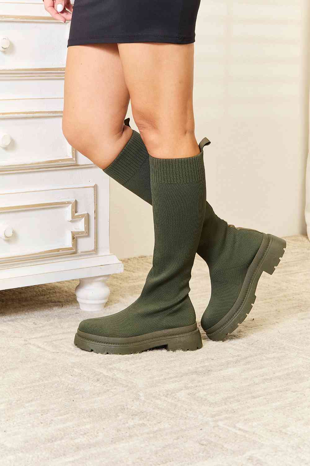 WILD DIVA Knee High Platform Chunky Thick Sole Olive Green Sock Boots