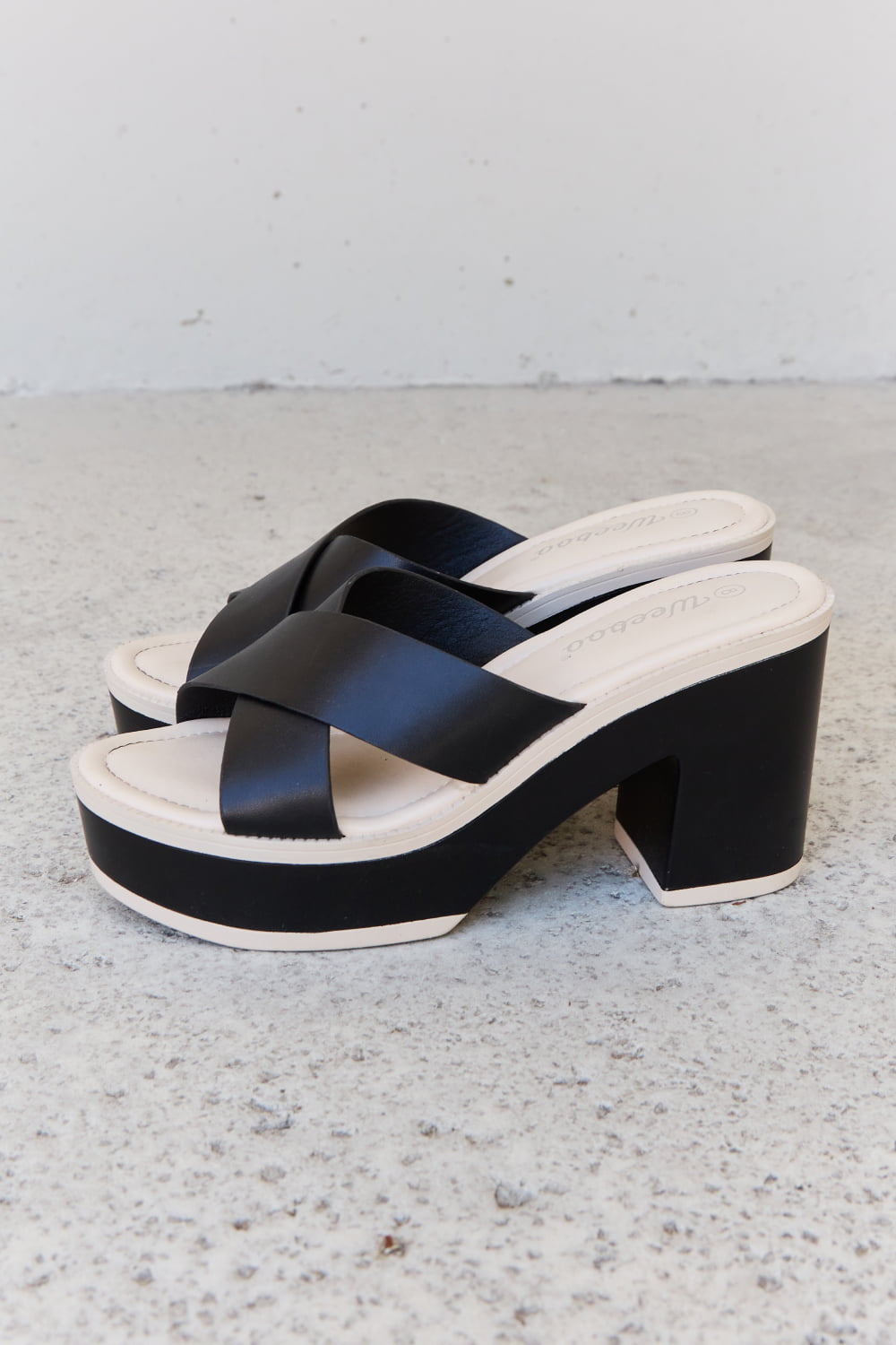 Weeboo Contrast Platform Cross Strap High Heel Slide On Slip In Thick Sole Sandals in Black