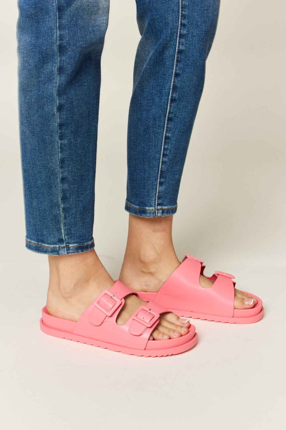 Legend Double Buckle Pink Flat Open Toe Slide On Flat Comfy Sandals