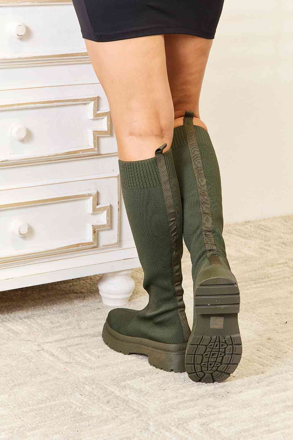 WILD DIVA Knee High Platform Chunky Thick Sole Olive Green Sock Boots