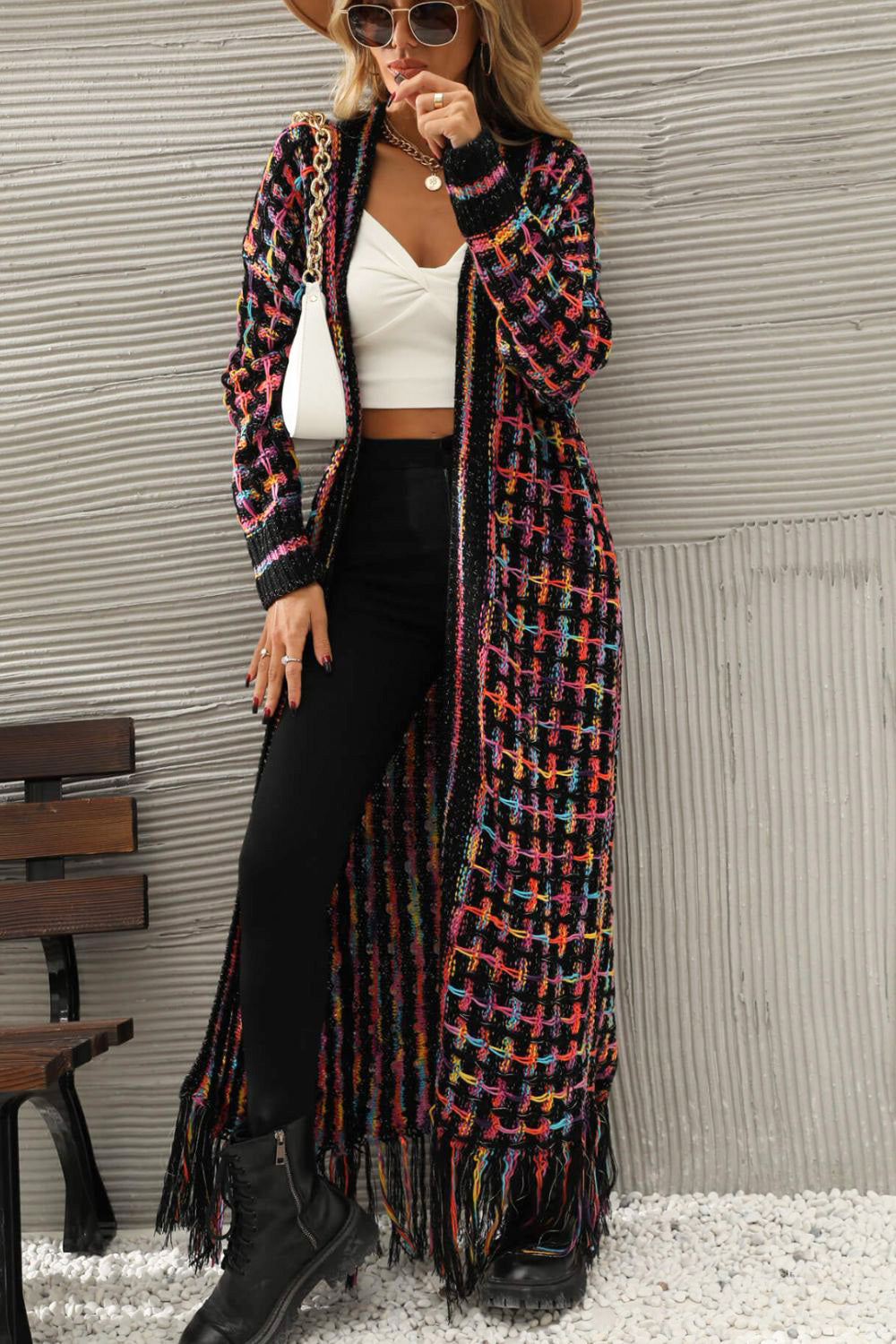 White Label Multicolored Rainbow & Black Open Front Fringe Raw Hem Long Knit Cardigan Jacket