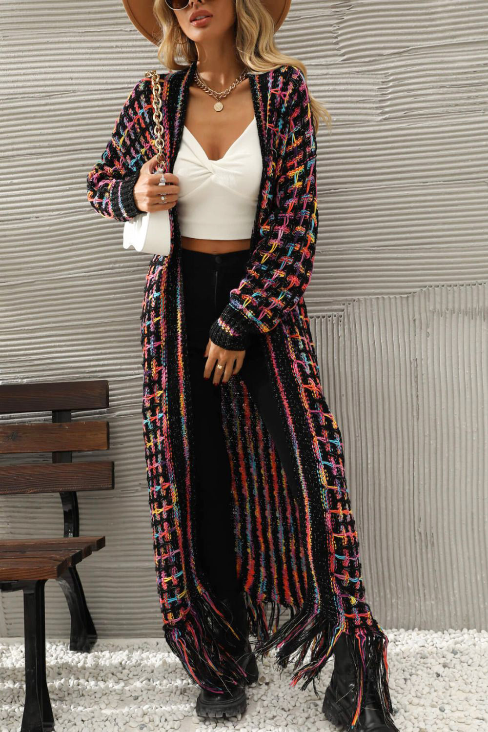 White Label Multicolored Rainbow & Black Open Front Fringe Raw Hem Long Knit Cardigan Jacket