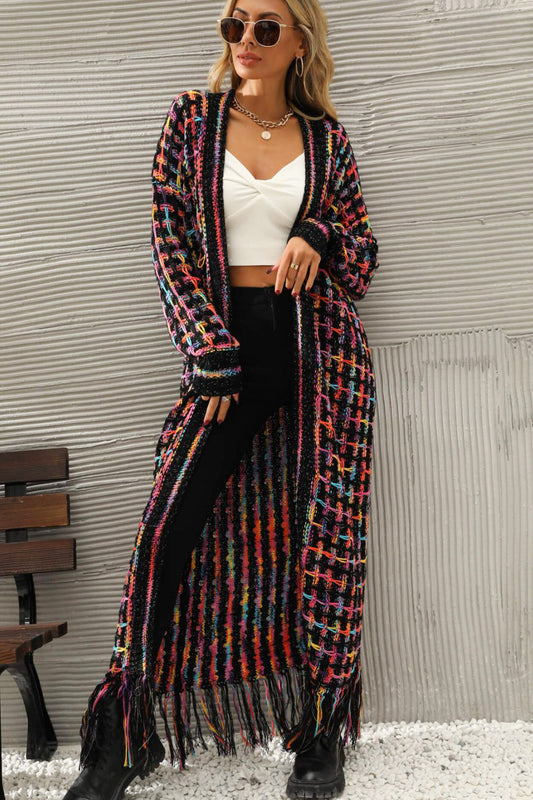 White Label Multicolored Rainbow & Black Open Front Fringe Raw Hem Long Knit Cardigan Jacket