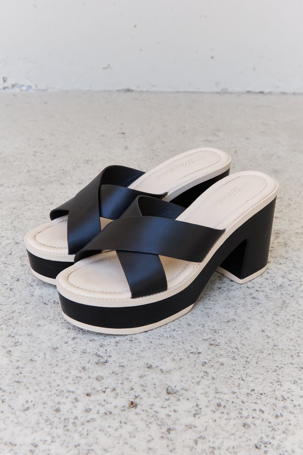 Weeboo Contrast Platform Cross Strap High Heel Slide On Slip In Thick Sole Sandals in Black